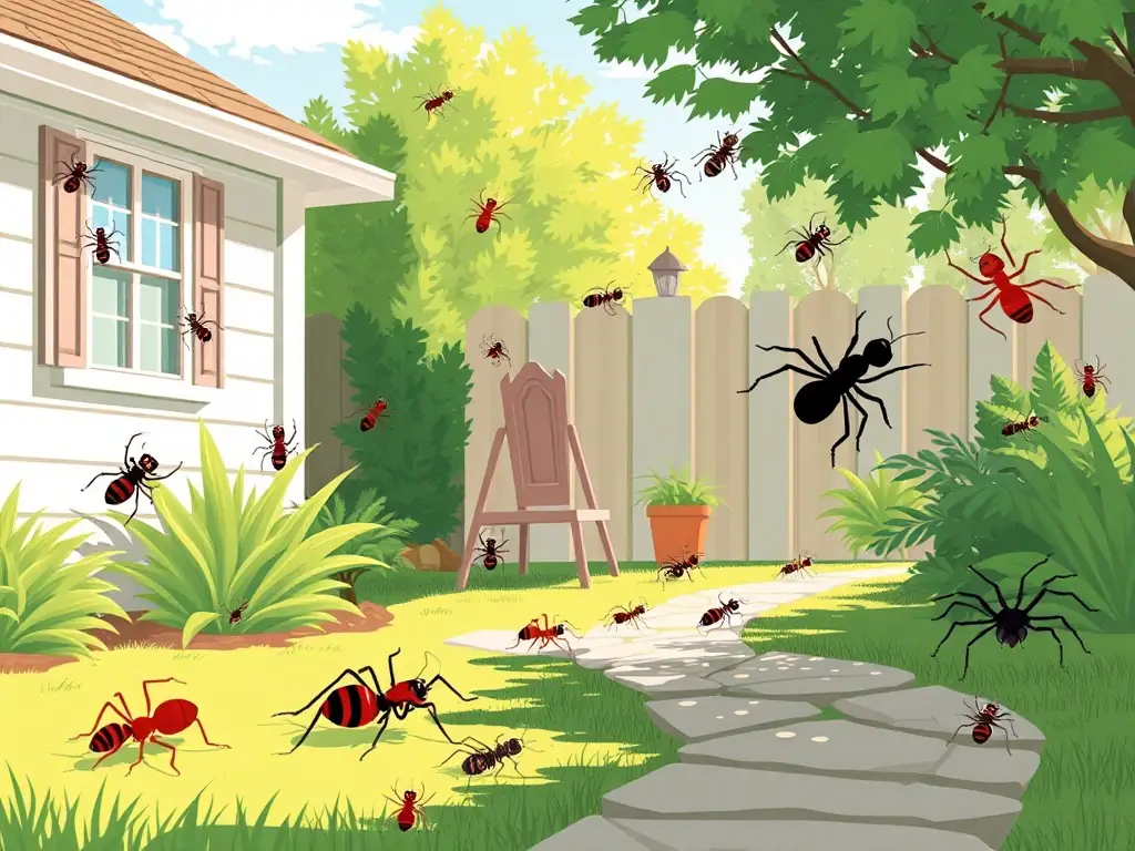 A variety of common yard pests (ants, spiders, etc.) being naturally repelled from a home's perimeter, showcasing the broad protection offered by Mosquito Guard.