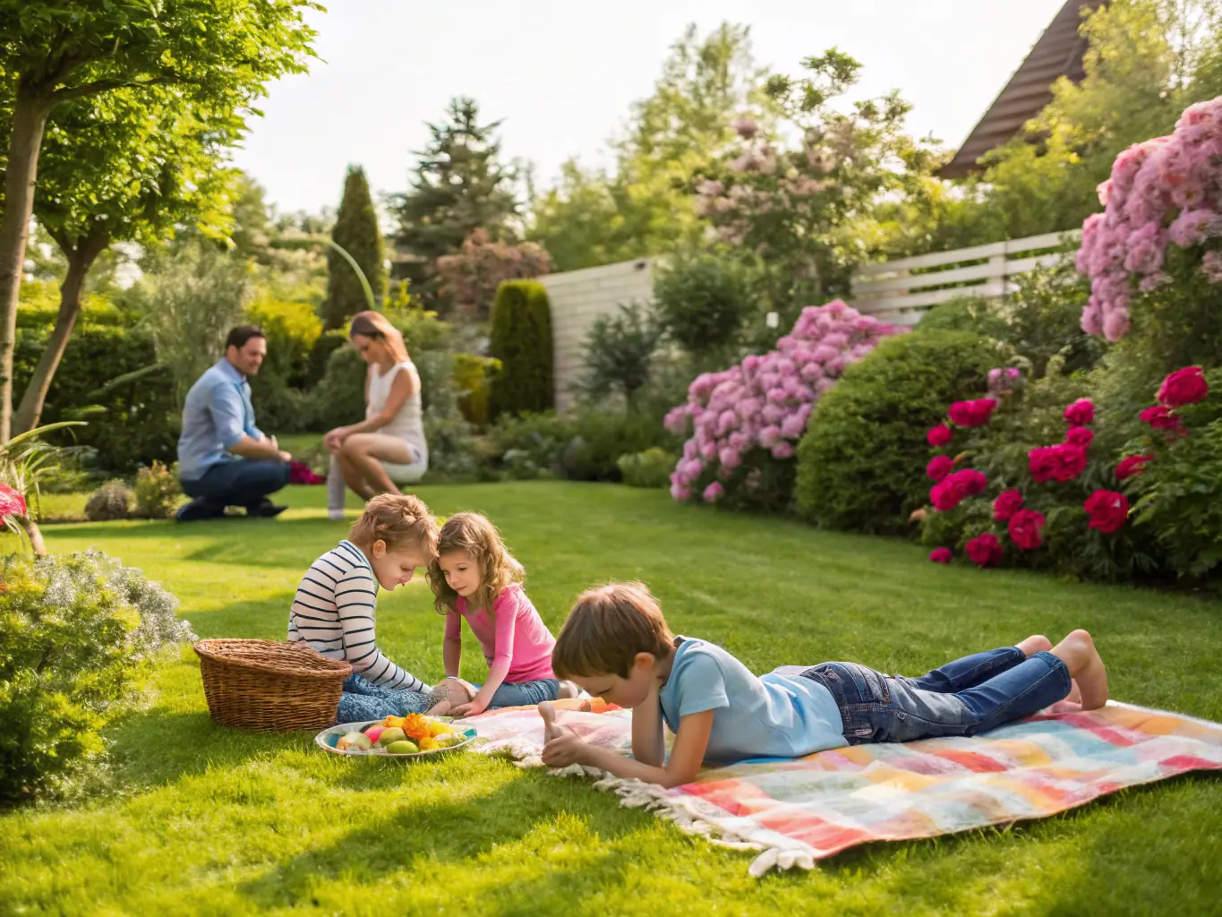 A lush green backyard, free of pests, with children playing safely, illustrating the peace of mind Mosquito Guard provides.